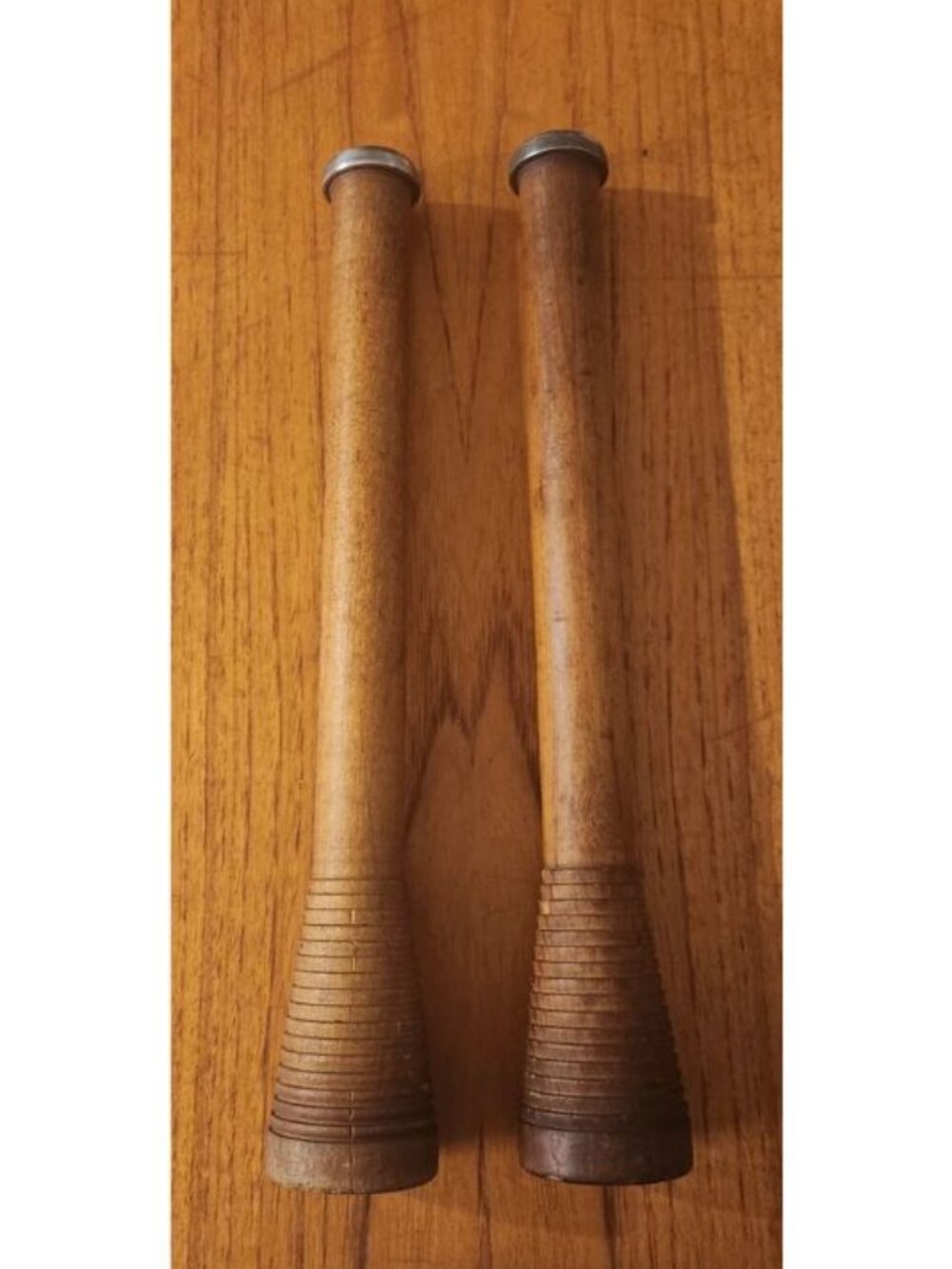 VINTAGE SET 2 14" WOOD BOBBIN SPOOL BEEHIVE BASE METAL TOP TEXTILE MILL CANDLE